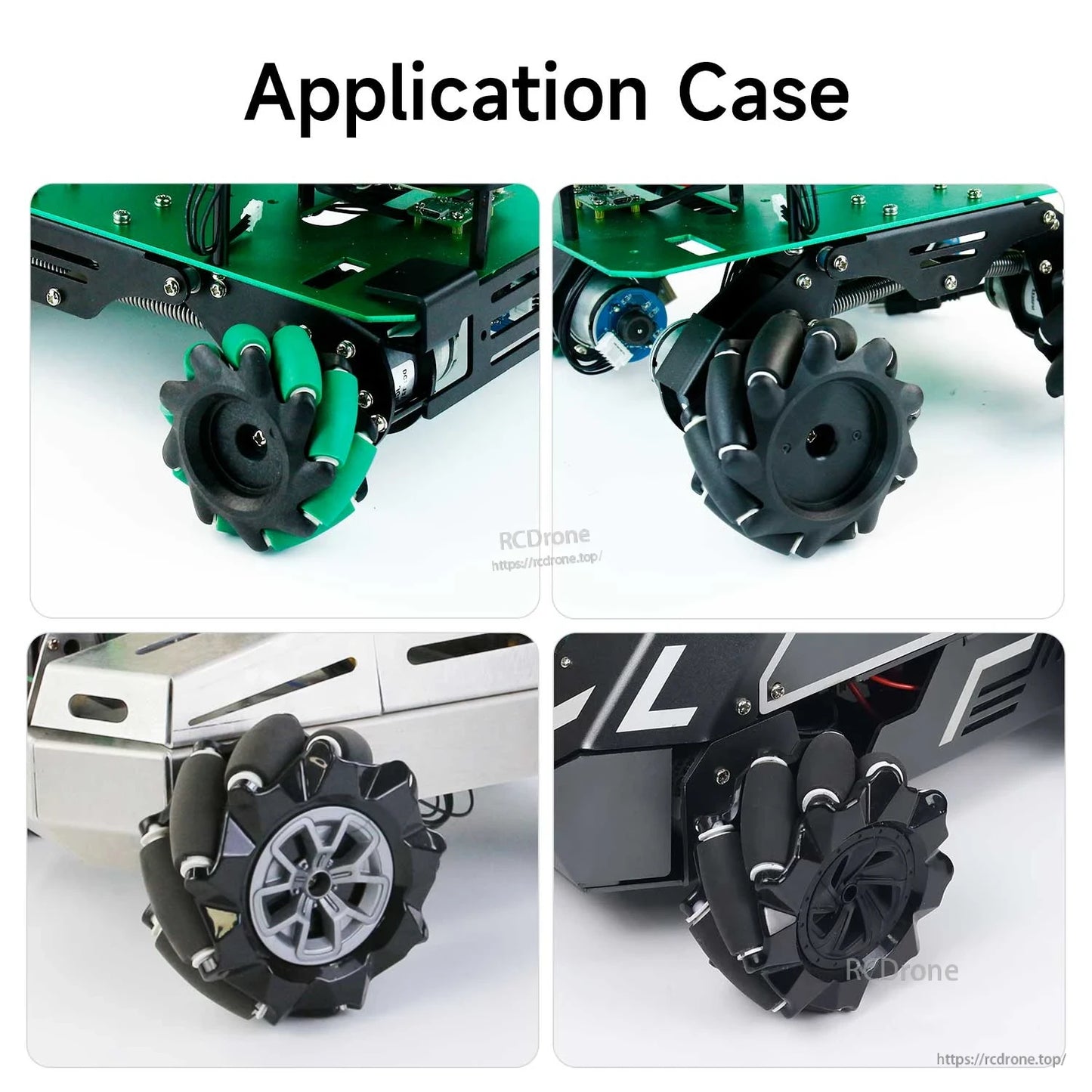 Application case photos showing mecanum wheels installed on different robot car chassis