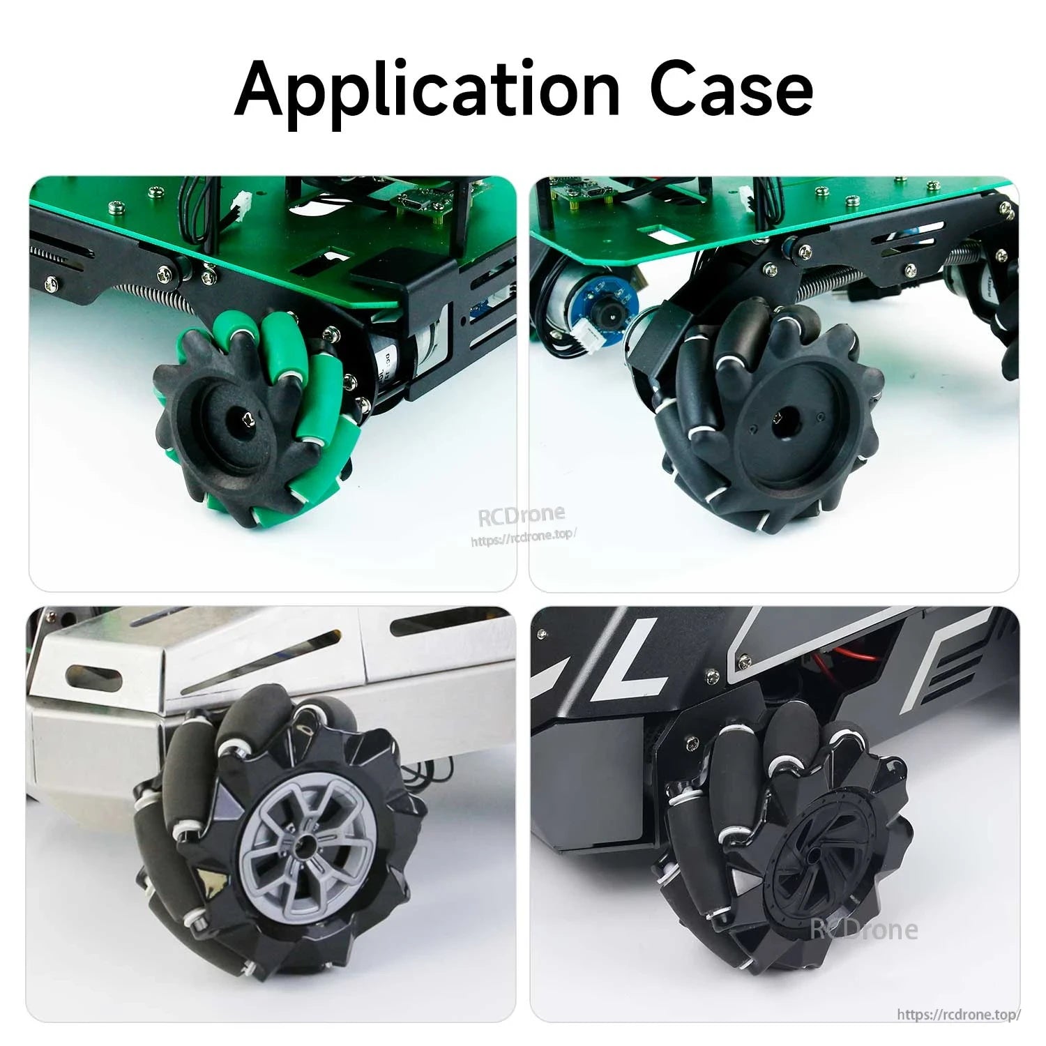 Application case photos showing mecanum wheels installed on different robot car chassis