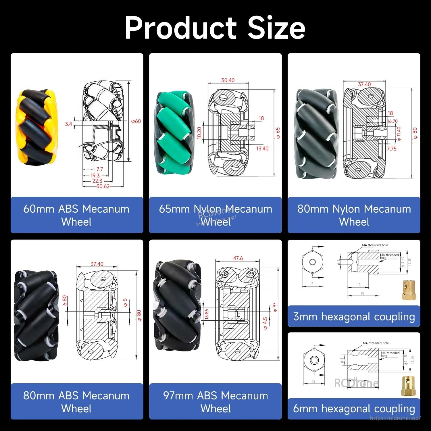 Product size drawings for 60mm/65mm/80mm/97mm mecanum wheels plus 3mm and 6mm hex couplings