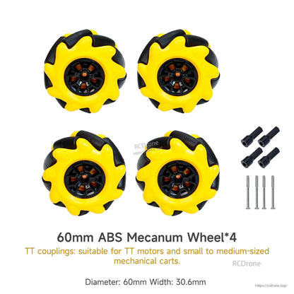 60mm ABS mecanum wheel set of 4 for TT motors, includes TT couplings and mounting screws