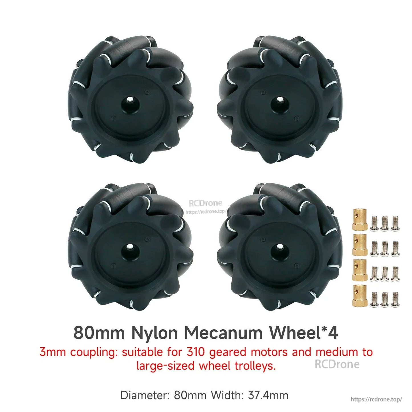 80mm nylon mecanum wheel set of 4 with 3mm couplings and screws, diameter and width listed