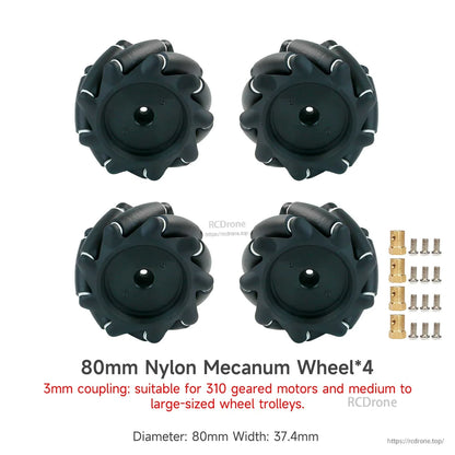 80mm nylon mecanum wheel set of 4 with 3mm couplings and screws, diameter and width listed