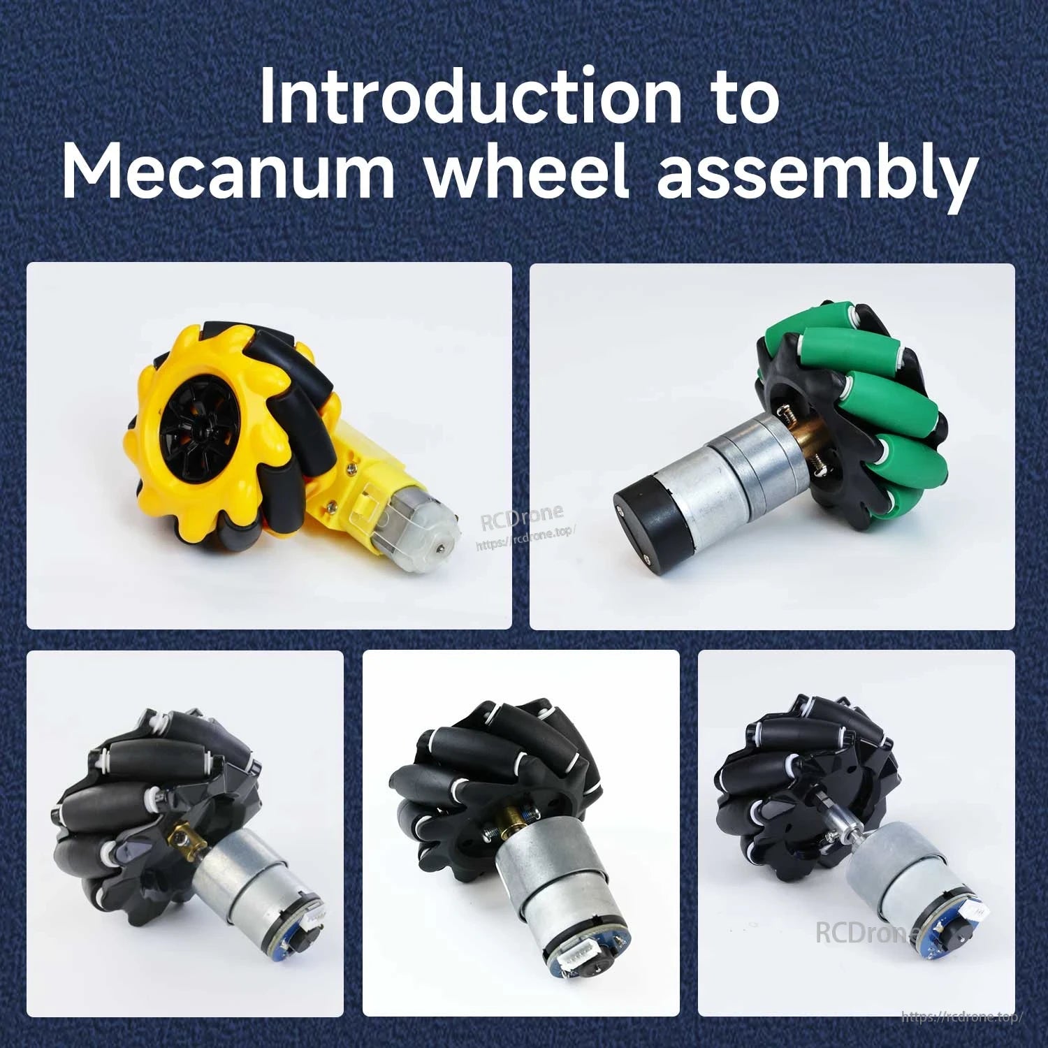 Mecanum wheel assembly examples mounted on different motors, including yellow and green wheels