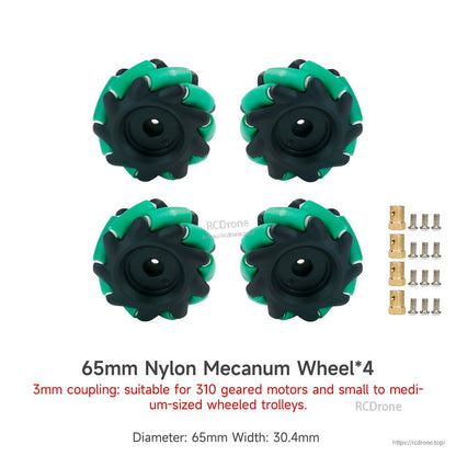 65mm nylon mecanum wheel set of 4 with 3mm couplings and screws, diameter and width listed