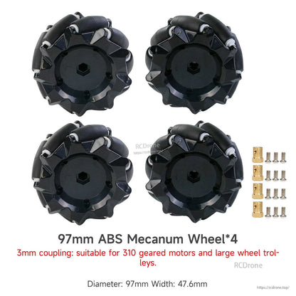 97mm ABS mecanum wheel set of 4 with 3mm couplings and screws, diameter and width listed