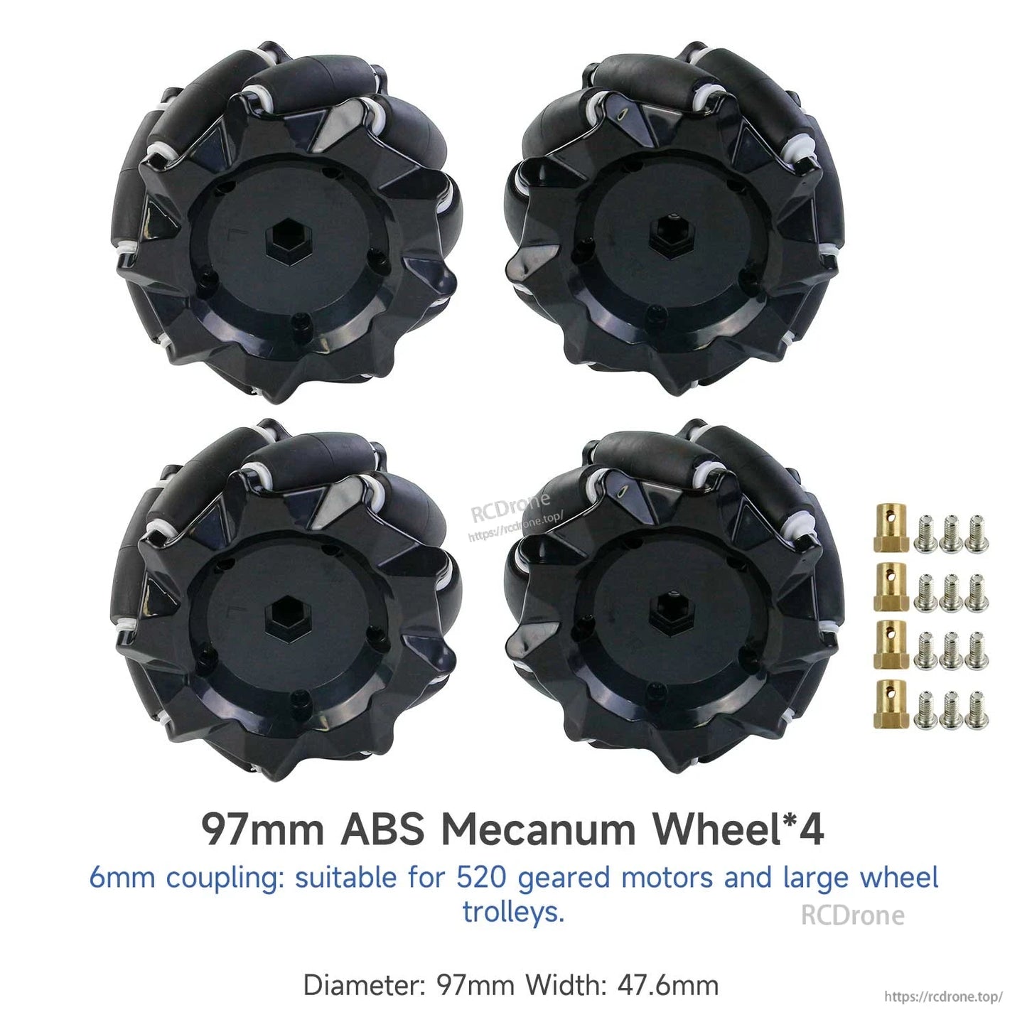 97mm ABS mecanum wheel set of 4 with 6mm couplings and screws, diameter and width listed