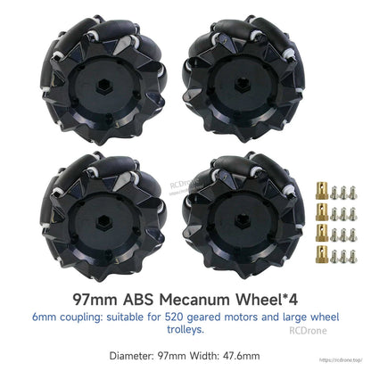 97mm ABS mecanum wheel set of 4 with 6mm couplings and screws, diameter and width listed