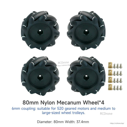 80mm nylon mecanum wheel set of 4 with 6mm couplings and screws, diameter and width listed
