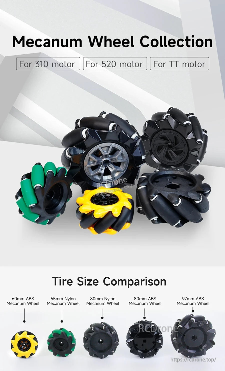 Yahboom Mecanum wheel kit collection with 60/65/80/97mm wheel size comparison for DIY robot cars