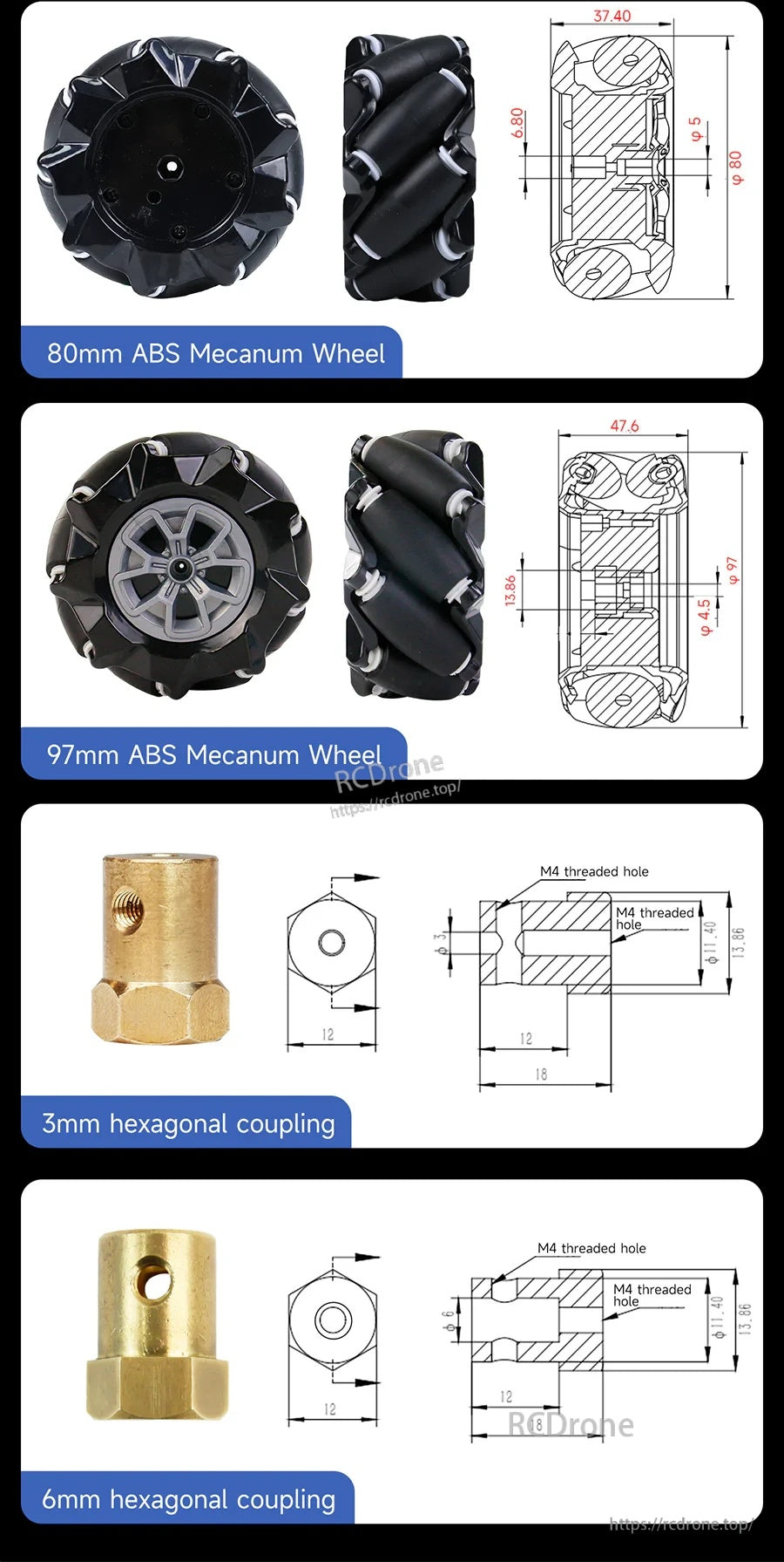 Product size drawings for 80mm ABS and 97mm ABS wheels plus 3mm and 6mm hexagonal coupling dimensions