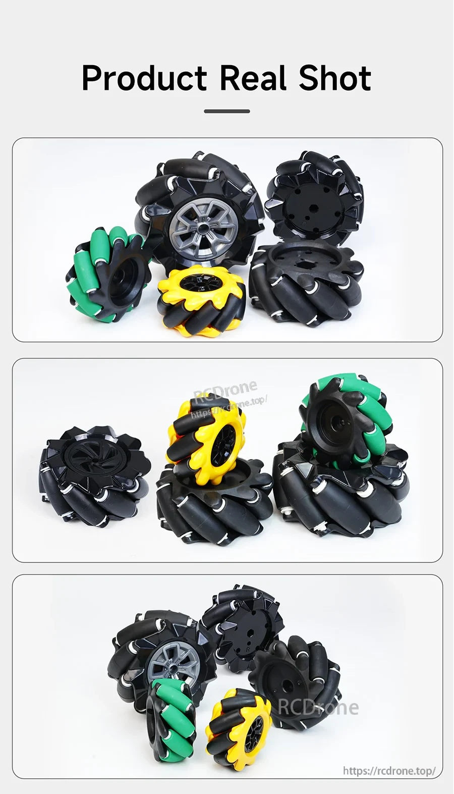 Real product photos of Mecanum wheels in multiple colors and hub styles for robot car builds