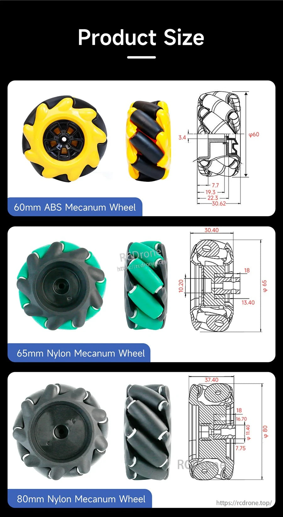 Product size drawings for 60mm ABS, 65mm nylon, and 80mm nylon Mecanum wheels with dimensions