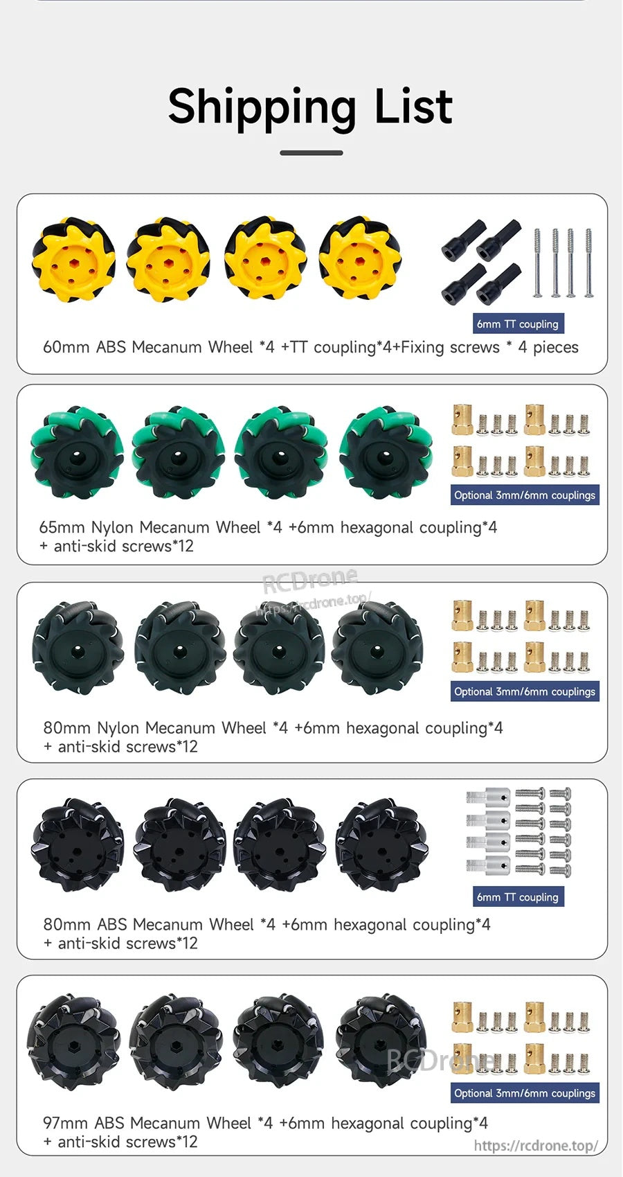 Package contents shipping list for each wheel type: 4 wheels plus couplings and screws