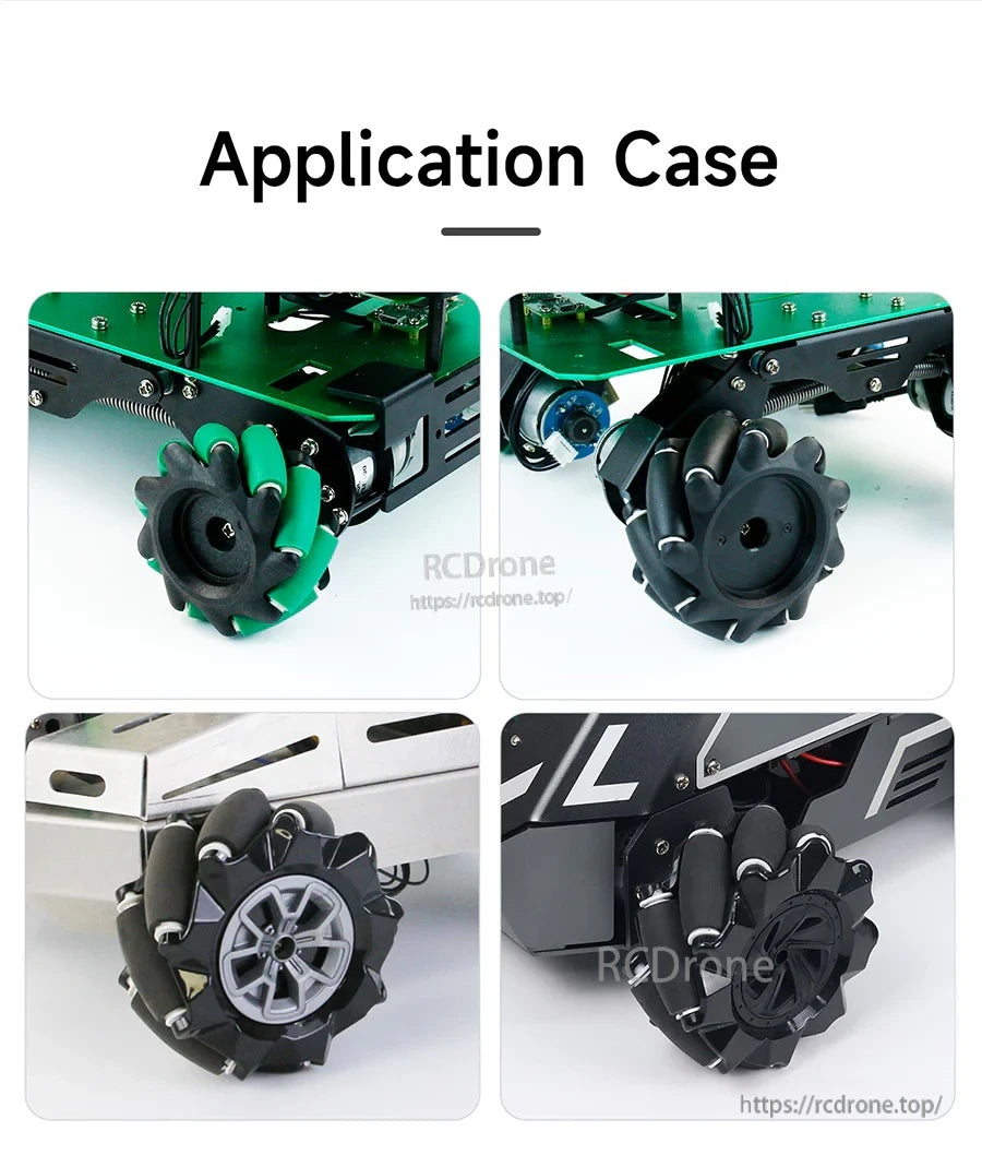 Application examples of Mecanum wheels mounted on different robot car chassis and frames