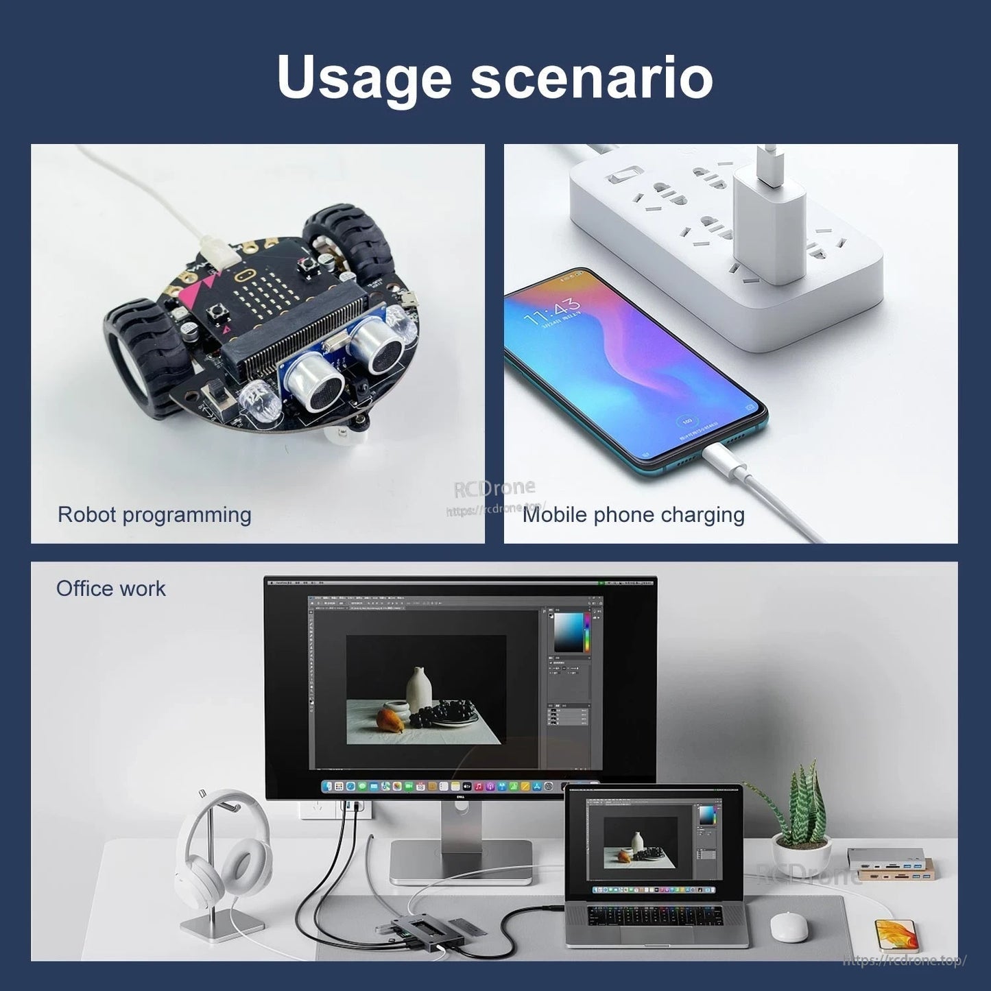 Micro USB cable usage scenarios: robot programming, mobile phone charging, and office desktop setup