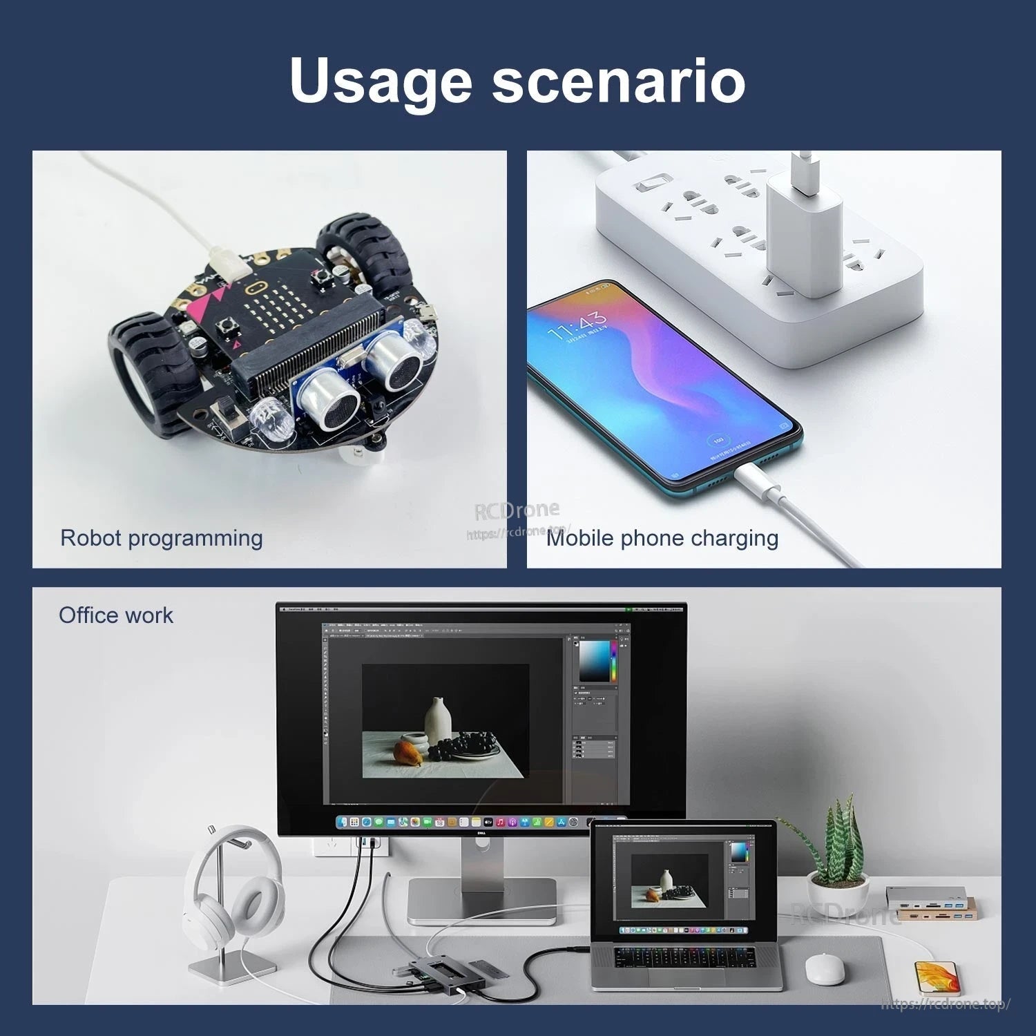 Micro USB cable usage scenarios: robot programming, mobile phone charging, and office desktop setup