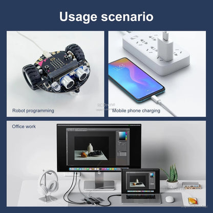 Micro USB cable usage scenarios: robot programming, mobile phone charging, and office desktop setup