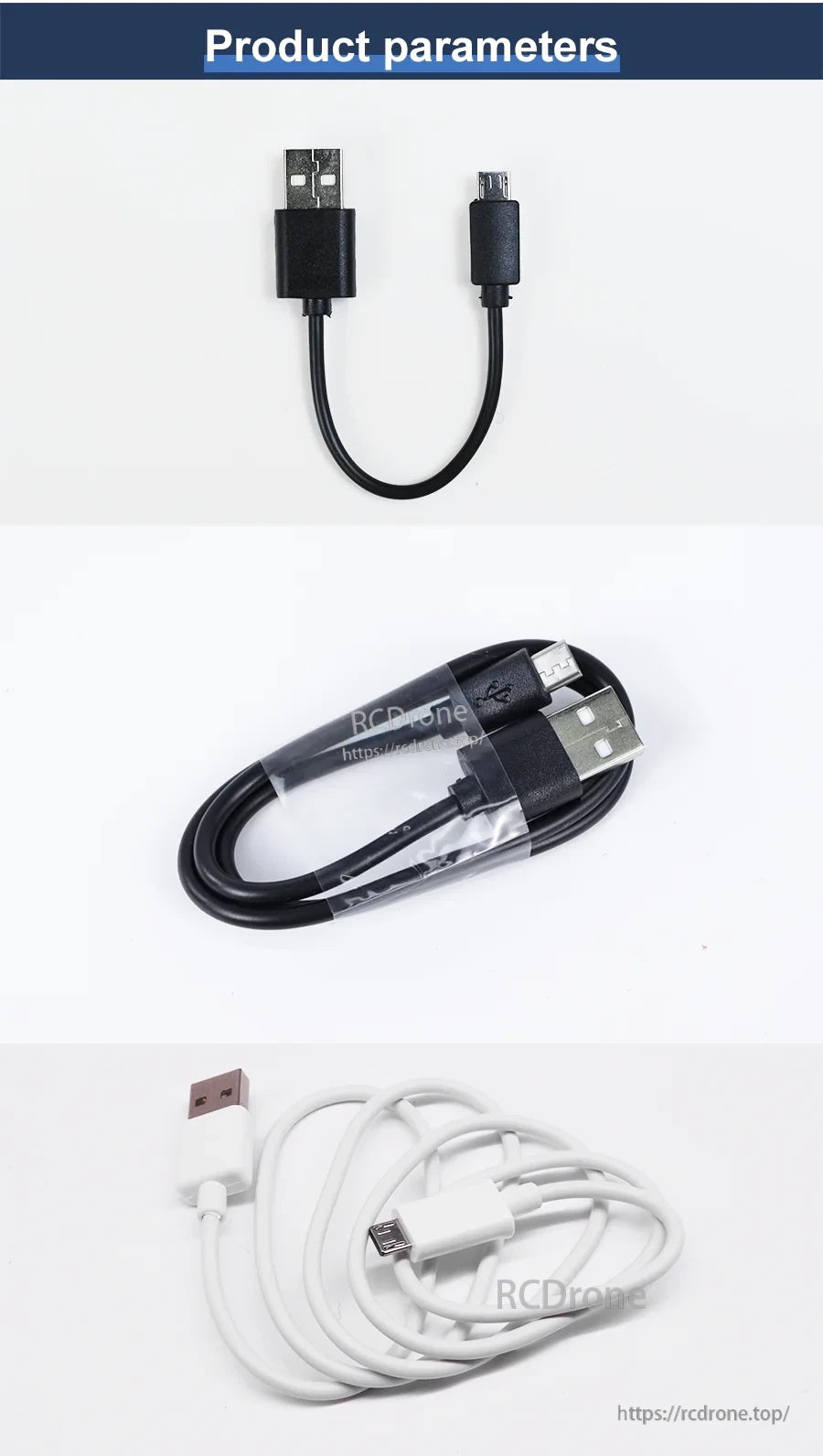 Product parameters photo set of the three variants: black 15 cm, black 50 cm coiled, and white 100 cm coiled