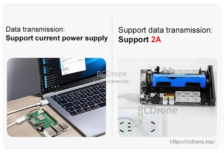 Micro USB cable supports data transmission and up to 2A power supply for programming and powering devices