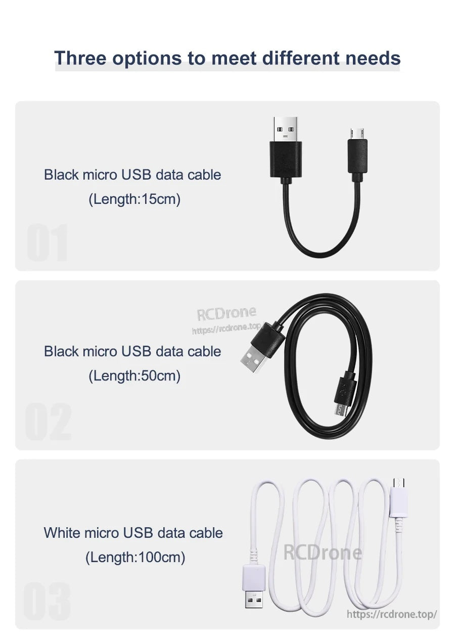 Three length options for the Micro USB cable: black 15 cm, black 50 cm, and white 100 cm