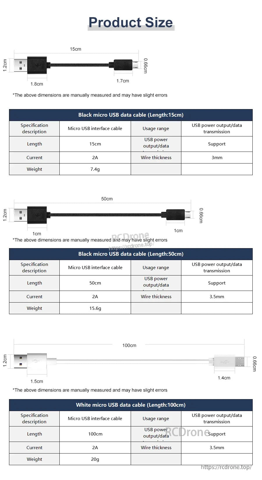 Product size chart with measured plug housing lengths and cable thickness for 15 cm, 50 cm, and 100 cm versions