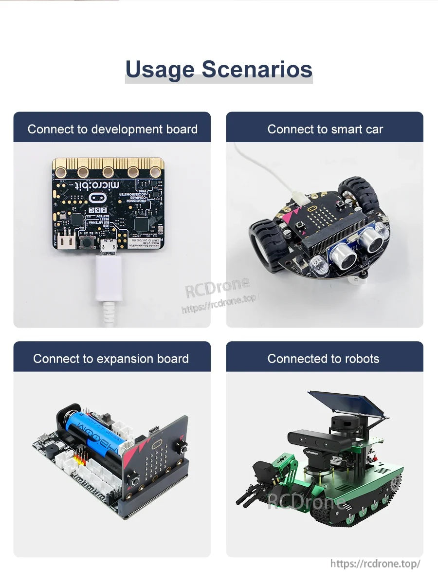 Usage scenarios: Micro USB cable connected to a development board, smart car, expansion board, and robot platform