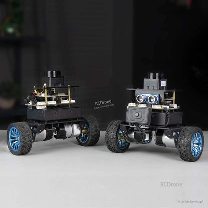Two self-balancing robot cars side by side showing rear and front views, vision version with camera module