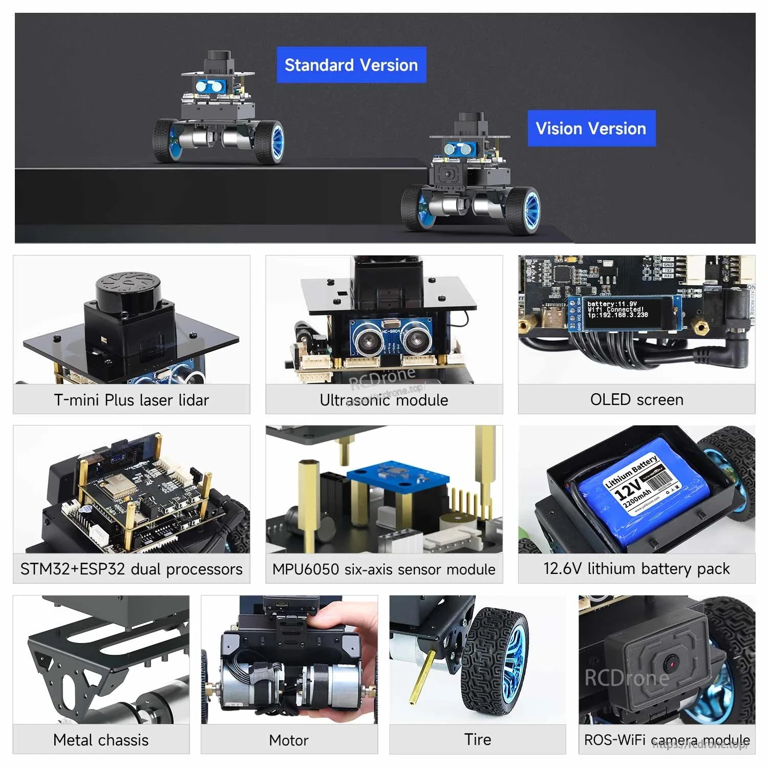 Standard vs vision version comparison with parts: lidar, ultrasonic, OLED, IMU, battery, chassis