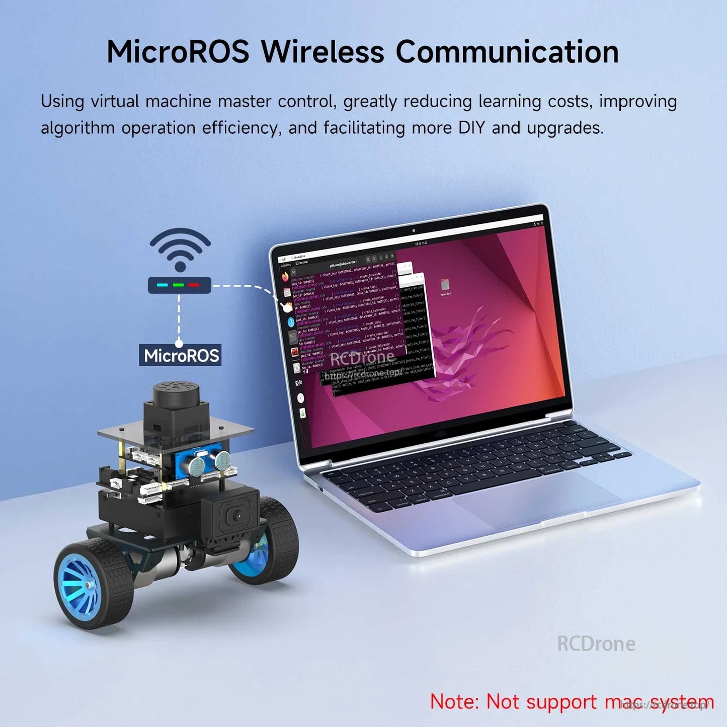 MicroROS wireless communication diagram showing robot connecting to a laptop over Wi‑Fi