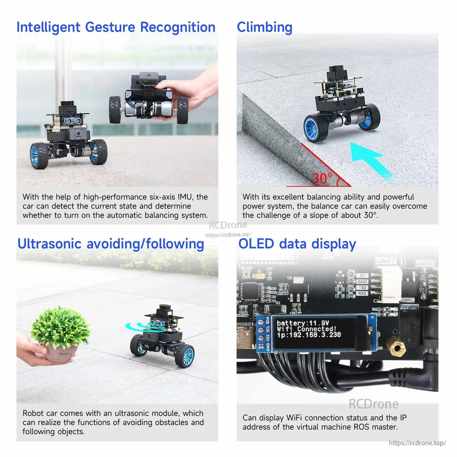 Feature collage: gesture recognition, 30° climbing demo, ultrasonic avoidance, OLED data display