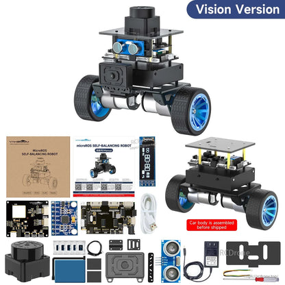 Yahboom MicroROS self-balancing robot vision version kit contents with camera module and parts layout