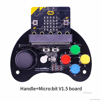 Handle with Micro:bit V1.5 board installed, showing edge connector and joystick with color buttons