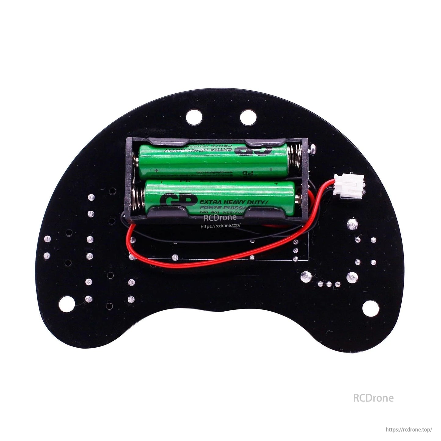 Rear view of Yahboom micro:bit gamepad showing 2x AAA battery holder, wiring, and connector plug