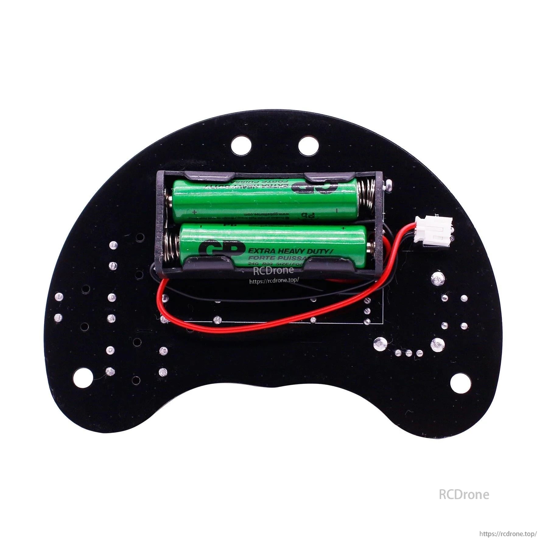 Rear view of Yahboom micro:bit gamepad showing 2x AAA battery holder, wiring, and connector plug