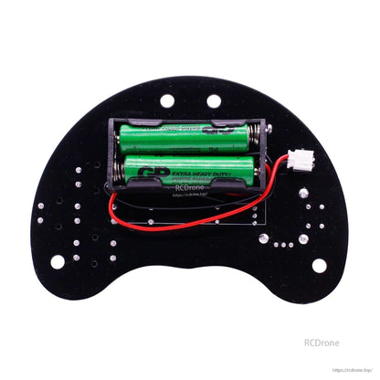 Rear view of Yahboom micro:bit gamepad showing 2x AAA battery holder, wiring, and connector plug