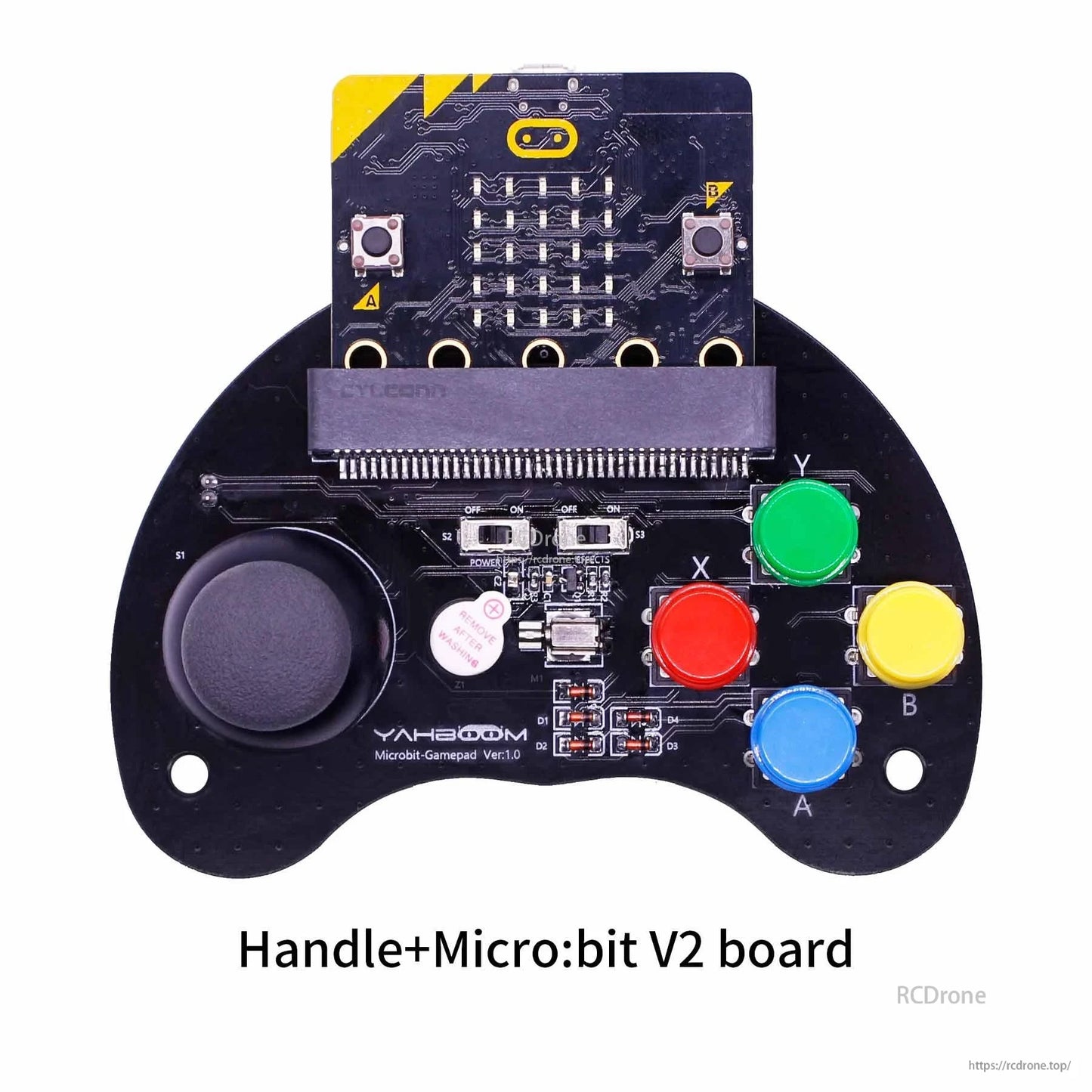 Handle with Micro:bit V2 board installed, showing edge connector and labeled A/B/X/Y buttons
