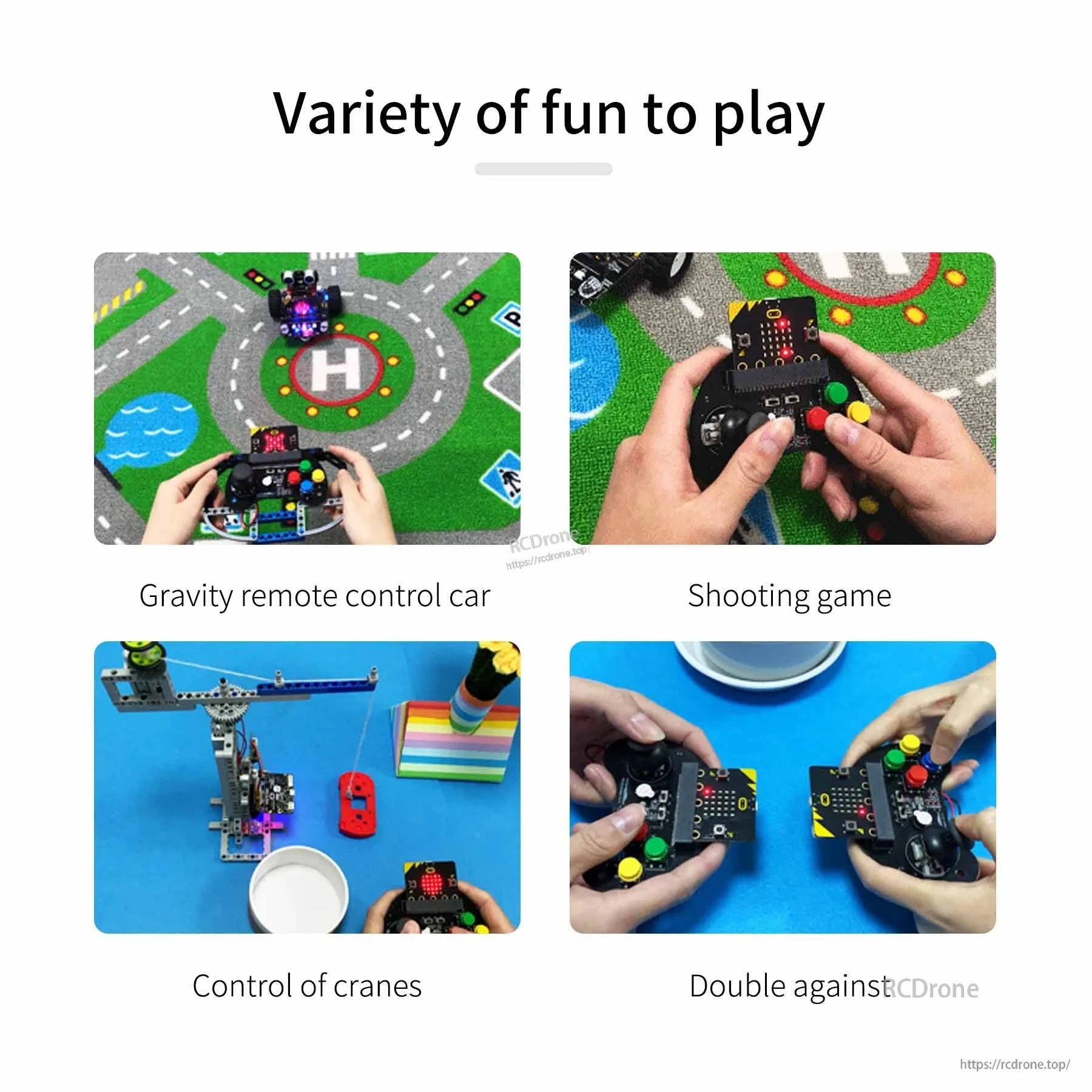Micro:bit gamepad activity collage: gravity RC car, shooting game, crane control, and two-player battle