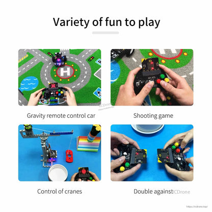 Micro:bit gamepad activity collage: gravity RC car, shooting game, crane control, and two-player battle