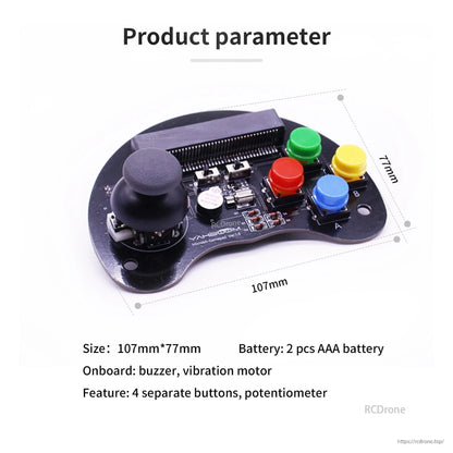 Product parameter diagram showing micro:bit gamepad dimensions 107×77 mm and feature notes text