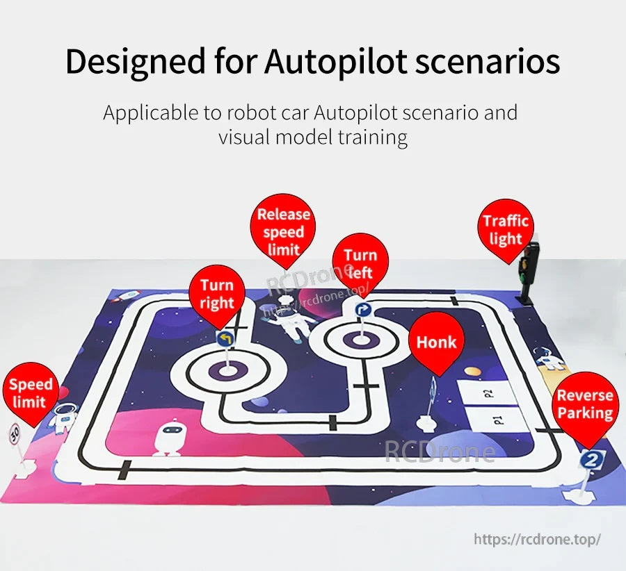 Mini autopilot track mat with labeled traffic elements: speed limits, turns, honk, traffic light and reverse parking