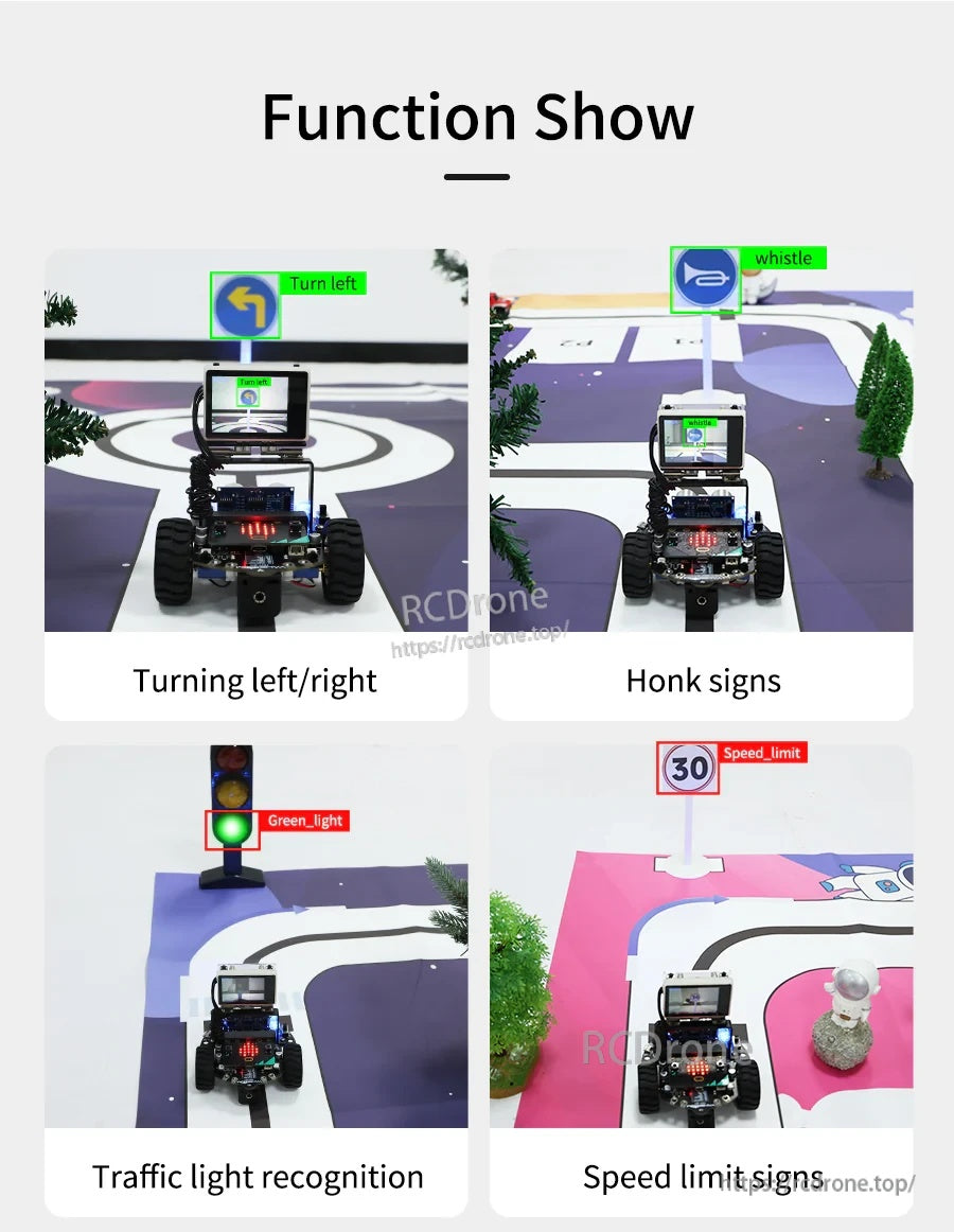 Function show collage: robot car recognizing turn, whistle/honk, traffic light and speed limit signs on the mat