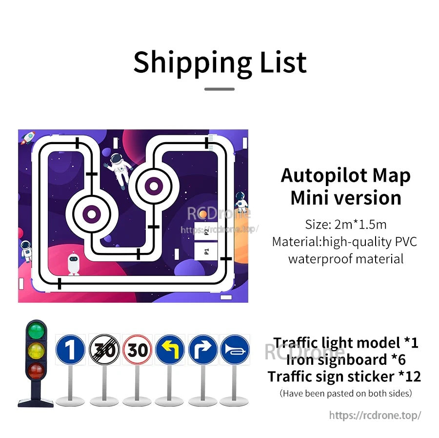 Shipping list for Yahboom mini autopilot map kit, 2m x 1.5m PVC track mat with traffic light and sign parts