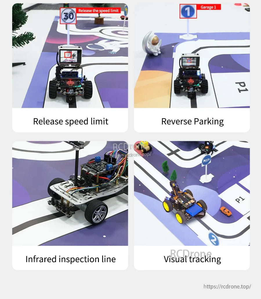 Demonstration scenes: release speed limit, reverse parking, infrared inspection line tracking and visual tracking
