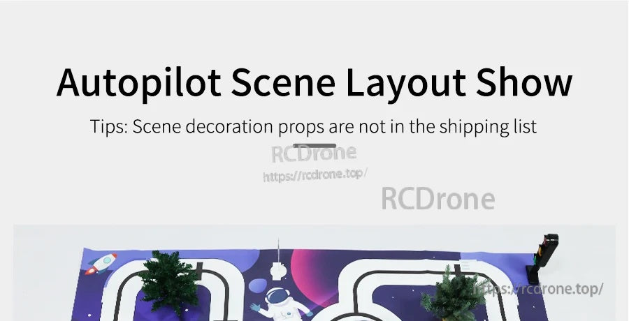 Yahboom autopilot track map layout with printed road lines and sample scene props, labeled “Autopilot Scene Layout Show”.