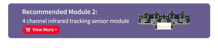 Banner for recommended module: 4-channel infrared tracking sensor module with small PCB shown