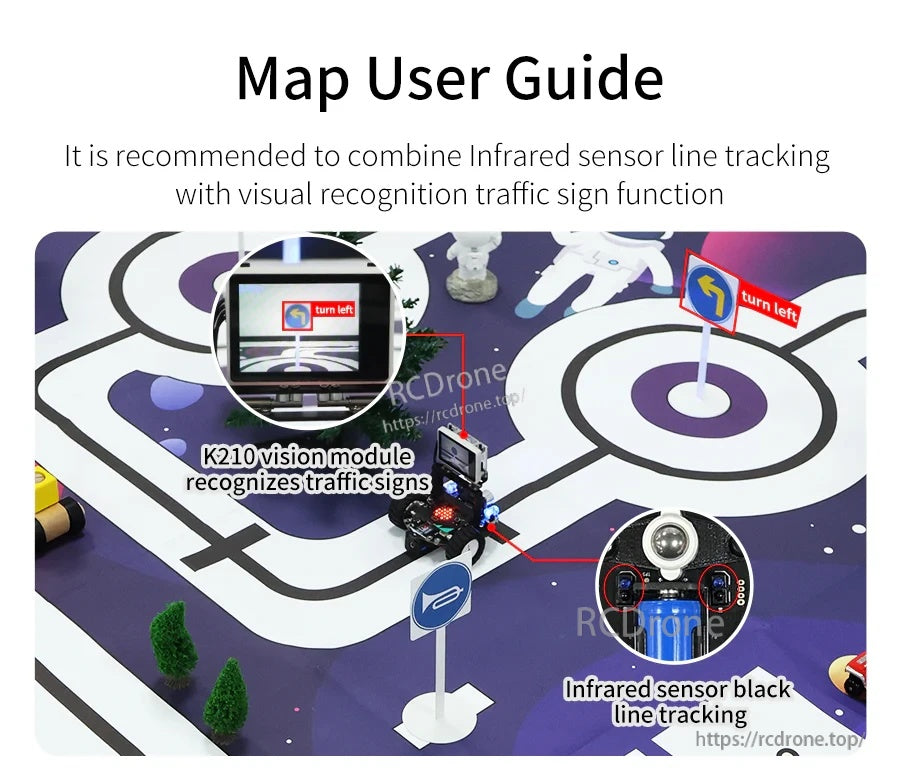 Map user guide with K210 vision module recognizing traffic signs plus infrared sensor black-line tracking example