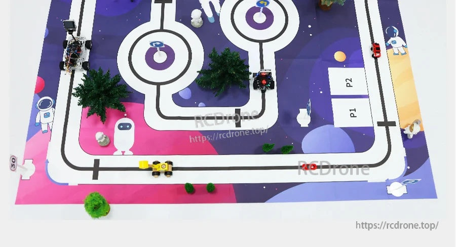 Yahboom PVC robot car tracking map mat with printed line track, target circles, and P1/P2 zones