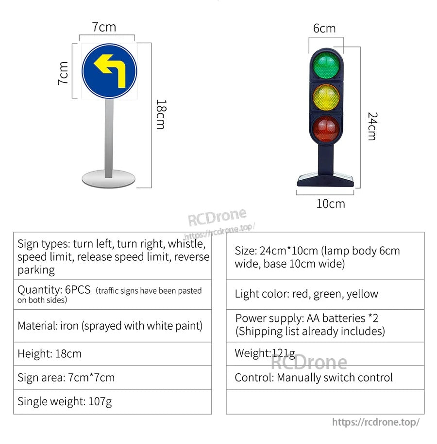 Included accessories size chart: 6 traffic signs and a mini traffic light with listed dimensions and colors