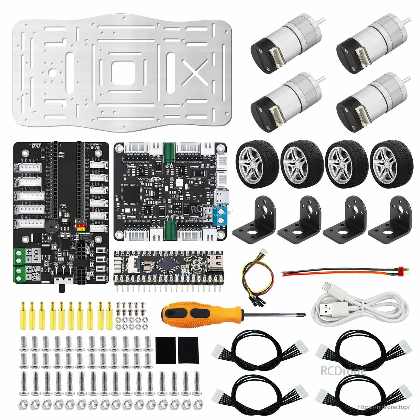 Full kit contents: chassis plate, 4 motors, wheels, multiple boards, USB cable, hardware, cables and screwdriver