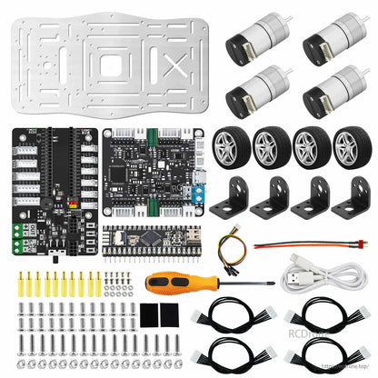 Full kit contents: chassis plate, 4 motors, wheels, multiple boards, USB cable, hardware, cables and screwdriver